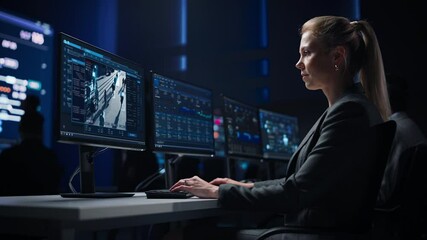 Aufkleber - Confident Female Cyber Security Data Scientist Works on Personal Computer Showing Surveillance Tracking Footage of People Walking on City Streets. Big Monitoring Room. Side View Portrait