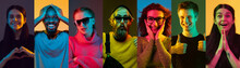 Portrait Of People On Multicolored Studio Background In Neon Light. Flyer, Collage Of 6 Models. Concept Of Human Emotions, Facial Expression, Sales, Ad. Heart Gesture, Wondred, Shy, Smiling, Thumbs Up