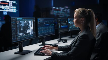 Wall Mural - Female Cyber Security Agent Works on Personal Computer Showing Footage of Drone Surveillance Tracking of a Vehicle. Government Surveillance, Safety and Protection Program. System Control Room