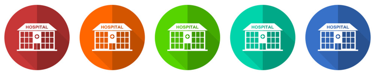 Aufkleber - Hospital building icon set, red, blue, green and orange flat design web buttons isolated on white background, vector illustration