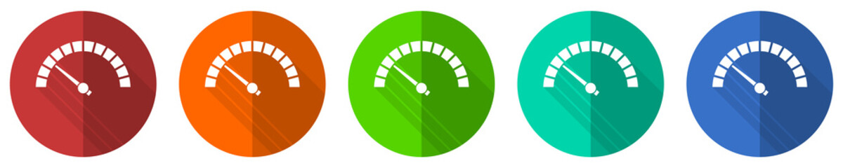 Poster - Speed meter icon set, fast indicator, red, blue, green and orange flat design web buttons isolated on white background, vector illustration