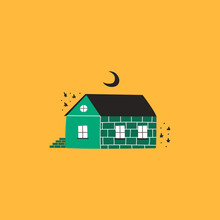 Cute Brick House With Stairs. The Moon And The Stars. Flat Vector Illustration, Logo, Sticker, Poster