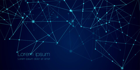 Abstract technology Network nodes with polygonal shapes on dark blue Vector background. Connection science and futuristic technology, digital structure, connected points, web.
