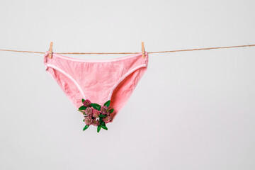 Woman's pink underwear with flowers on clothesline, concept content for feminist blog, poster about women's health