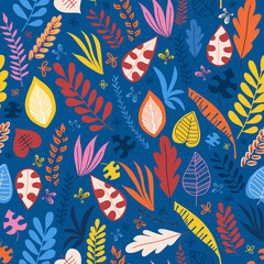 Wall Mural - Colorful leaves blue red yellow orange pink seamless vector pattern. Repeating nature background. Hand drawn leaf texture. Use for fabric, wallpaper, wrapping, home decor, kids, autumn kids fashion