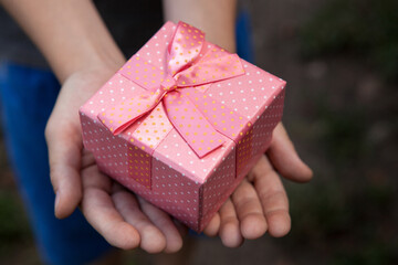 Wall Mural - one pink gift box in children's hands as a gift closeup