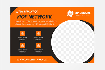 Poster - New business viop network flyer template design use horizontal layout. the background use orange and brown colors. circle shape for space of photo. 