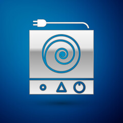 Silver Electric stove icon isolated on blue background. Cooktop sign. Hob with four circle burners. Vector Illustration.