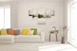 © AntonSh - White living room with sofa. Scandinavian interior design. 3D illustration
