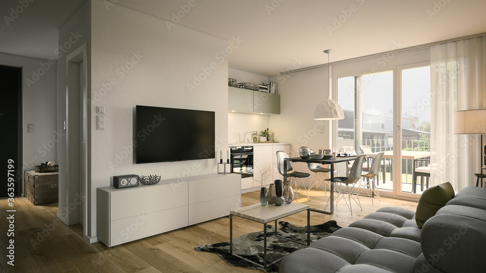 living room and kitchen apartment - 3d rendering - obrazy, fototapety, plakaty 