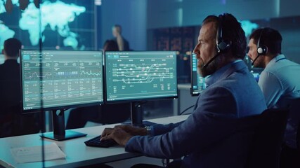 Wall Mural - Confident Male Data Scientist Works on Personal Computer Wearing a Headset in Big Infrastructure Control and Monitoring Room. Senior Engineer in a Call Center Office Room with Colleagues.