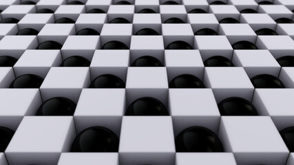 Poster - 3D rendering of an abstract geometric background with a lot of black and white cubes and spheres arranged in a staggered order. 3D desktop illustration, background, screen saver.