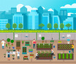 Urban agriculture. City farming, using modern technologies, solar panel, flying drones with gps signal. Developing farm infrastructure at city background. Farmers growing fresh vegetables, fruits