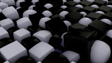 Poster - 3D rendering of an abstract geometric background with many cubes and spheres arranged in a staggered order. Some of the figures changed shape and position. Abstract background