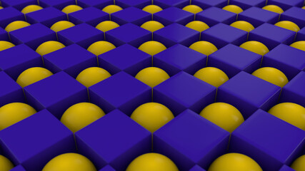 Poster - 3D rendering of an abstract geometric background with many cubes and spheres arranged in a staggered order. 3D desktop illustration, background, screen saver.
