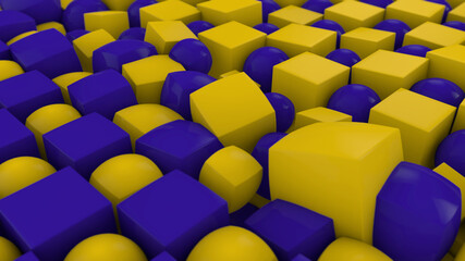 Poster - 3D rendering of an abstract geometric background with many cubes and spheres arranged in a staggered order. Some of the figures changed shape and position. Abstract background