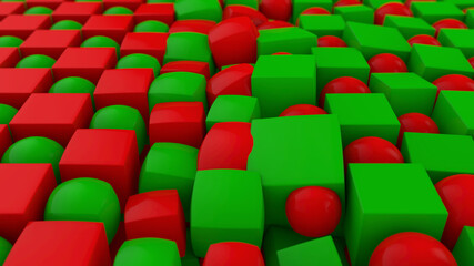 Poster - 3D rendering of an abstract geometric background with many cubes and spheres arranged in a staggered order. Some of the figures changed shape and position. Abstract background
