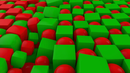 Poster - 3D rendering of an abstract geometric background with many cubes and spheres arranged in a staggered order. Some of the figures changed shape and position. Abstract background