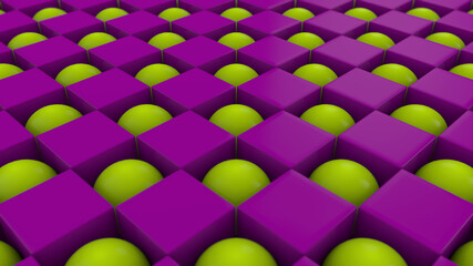 Poster - 3D rendering of an abstract geometric background with many cubes and spheres arranged in a staggered order. Some of the figures changed shape and position. Abstract background