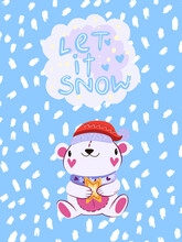 Vector Christmas Winter Illustration In Scandinavian Style “Let It Snow”. Cute Poster With White Bear In Christmas Hat And Violet Scarf With Snowflakes On The Background. Print For Greeting Cards