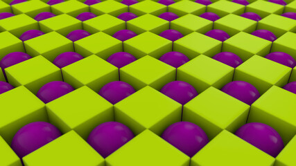 Poster - 3D rendering of an abstract geometric background with many cubes and spheres arranged in a staggered order. Some of the figures changed shape and position. Abstract background