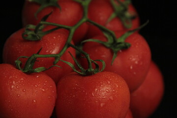 red, fresh and organic tomatoes on a black background