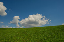 Green Hillside Blue Sky And White Clouds, Amazing Rural Landscape.