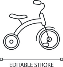 Tricycle Pixel Perfect Linear Icon. Trikes For Toddlers. Children Ride On Equipment. Thin Line Customizable Illustration. Contour Symbol. Vector Isolated Outline Drawing. Editable Stroke