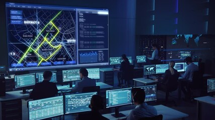 Team of Professional Computer Data Science Engineers Work on Desktops with Screens Showing Charts, Graphs, Infographics, Technical Neural Data and Statistics. Low Key Control and Monitoring Room.
