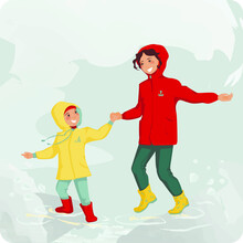 Mother And Her Kid Are Jumping Up And Down In Rough Weather. Vector Illustration Presents The Importance Of Having Fun With Loved Ones  Whenever And Wherever You Are .