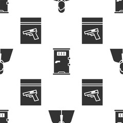 Wall Mural - Set Lawyer, attorney, jurist, Prison cell door and Evidence bag and pistol or gun on seamless pattern. Vector.