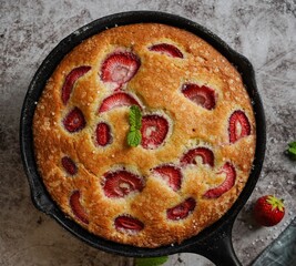 Wall Mural - Homemade Skillet strawberry Cake with copy space