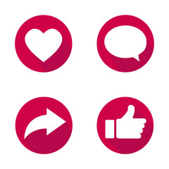 Fototapete - Vector illustration of like, comment and share icons. Social nets and applications signs. White icons on a red background