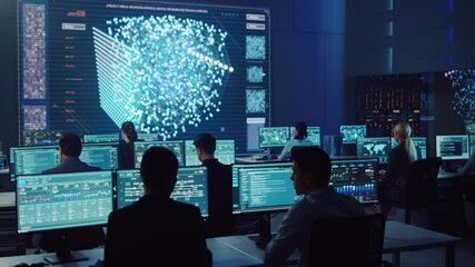 Fototapete - Team of Professional Computer Data Science Engineers Work on Desktops with Screens Showing Charts, Graphs, Infographics, Technical Neural Network Data and Statistics. Dark Control and Monitoring Room.