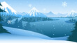© Lightly Stranded - Vector illustration of scenic winter landscape with snowy mountains and pine trees.