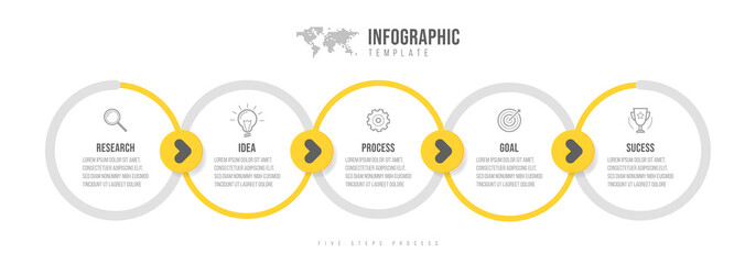 business infographics template. timeline with 5 circle arrow steps, five number options. world map i