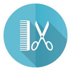 Poster - Barber vector icon, flat design blue round web button isolated on white background