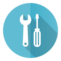Poster - Tool vector icon, flat design blue round web button isolated on white background