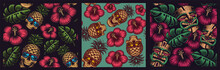 Set Of Seamless Colored Patterns In Hawaiian Style With Skull Pineapple, Tiki Mask.