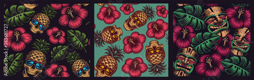 Fotografía Set of seamless colored patterns in Hawaiian style with skull pineapple, tiki mask