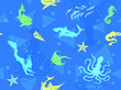 Seamless Ocean Life Pattern with Fishes, Octopus, Shells, swordfish, Shark silhouettes on blue 

background