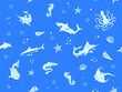Seamless Ocean Life Pattern with Fishes, Octopus, Shells, swordfish, Shark silhouettes on blue 

background