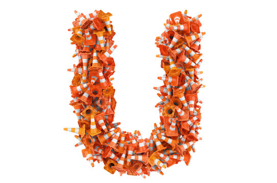 Letter U from traffic cones, 3D rendering