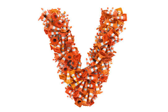 Letter V from traffic cones, 3D rendering