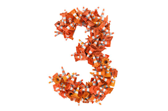 Number 3 from traffic cones, 3D rendering