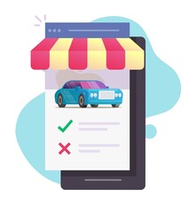 Poster - Vehicle auto rental mobile phone store with comparing cars and choosing features online website or auto web digital internet smartphone shop with automobiles history details, buying or selling tech