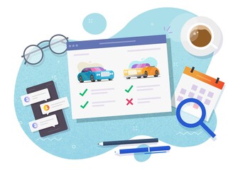 Poster - Vehicle auto rental comparing and choosing features online store website or auto and car web digital internet auction shop with automobiles review and history details, concept of buying or selling