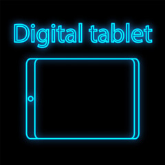 Poster - Bright luminous blue digital neon sign for shop or workshop service center beautiful shiny with a modern tablet on a black background. Vector illustration
