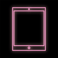 Poster - Bright luminous pink digital digital neon sign for a store or workshop service center beautiful shiny with a modern tablet on a black background. Vector illustration
