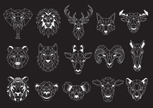 Set Of Geometric Abstract Animals. White Animals On Black Background. Trendy Mono Line Vector Design